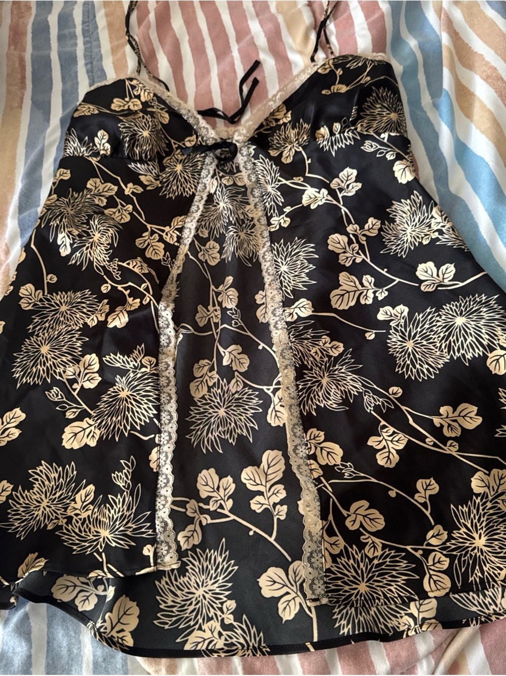 Victoria's Secret Black Satin Cami with Cream Floral Print